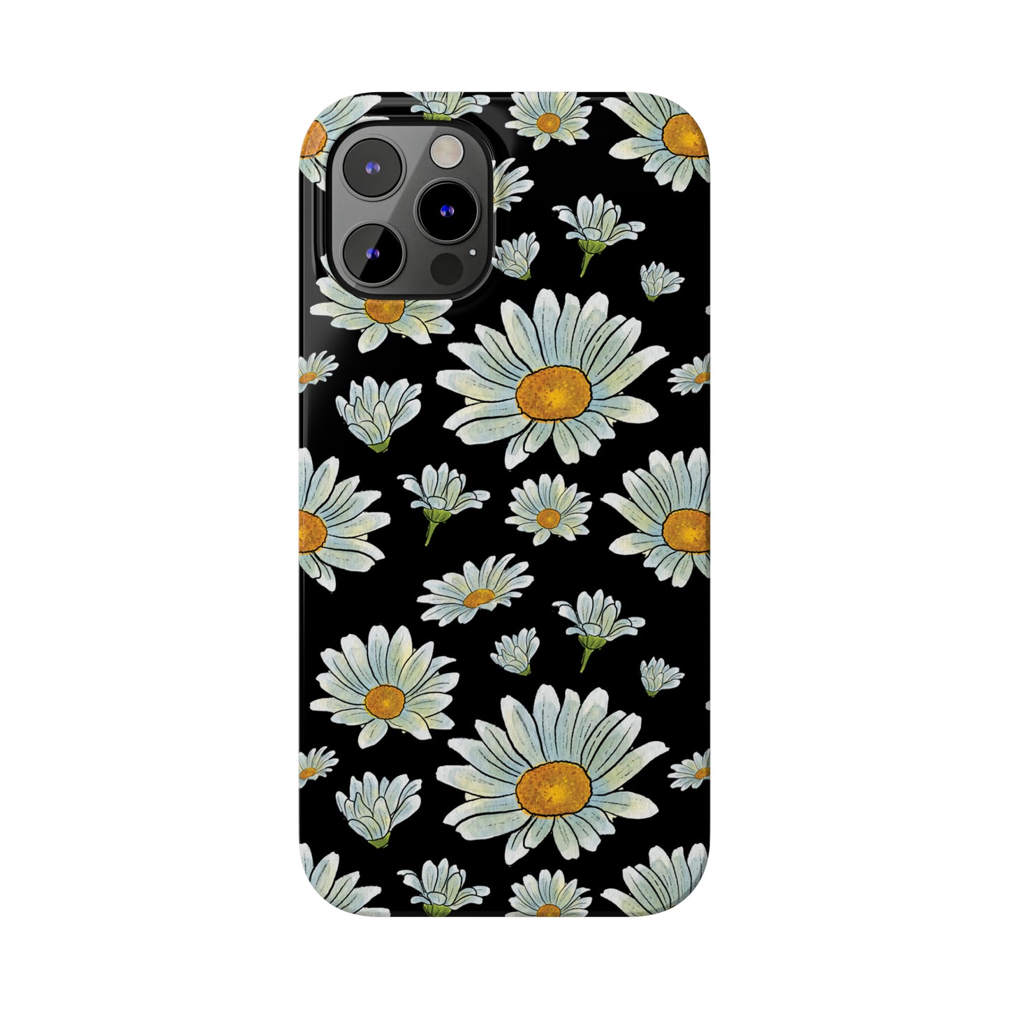 Large Watercolor Summer Daisies Blooming Against a Bold Black Background Iphone 15-12 Slim Phone Case