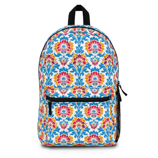 Bright Bouquet of Whimsy in Lively Hues of Red and Blue Flowers with Yellow Accents Lightweight Stylish Durable Backpack (Made in USA)