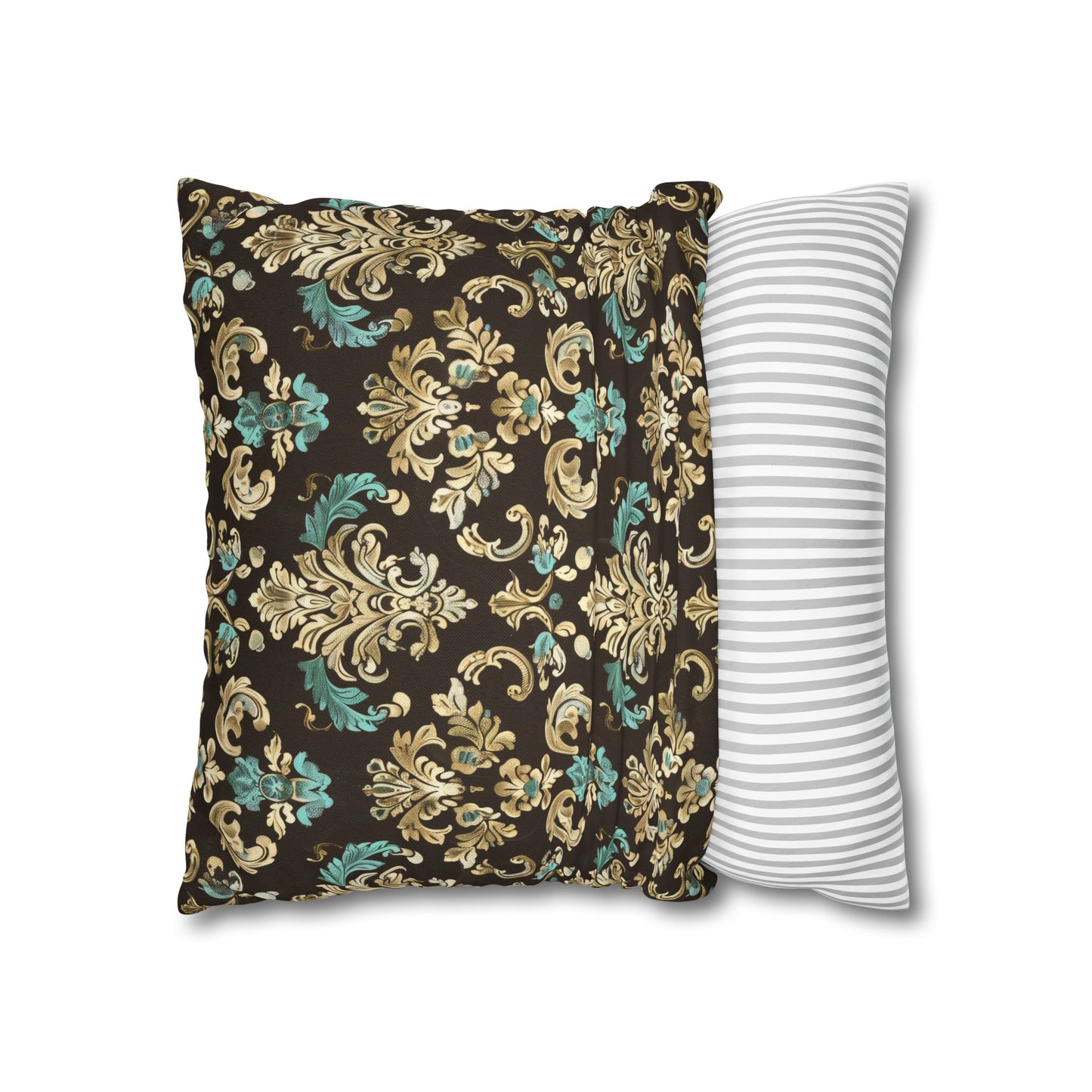 Luxurious Rococo Pattern of Ornate Brown and Teal Floral Scroll Design Spun Polyester Square Pillowcase 4 Sizes