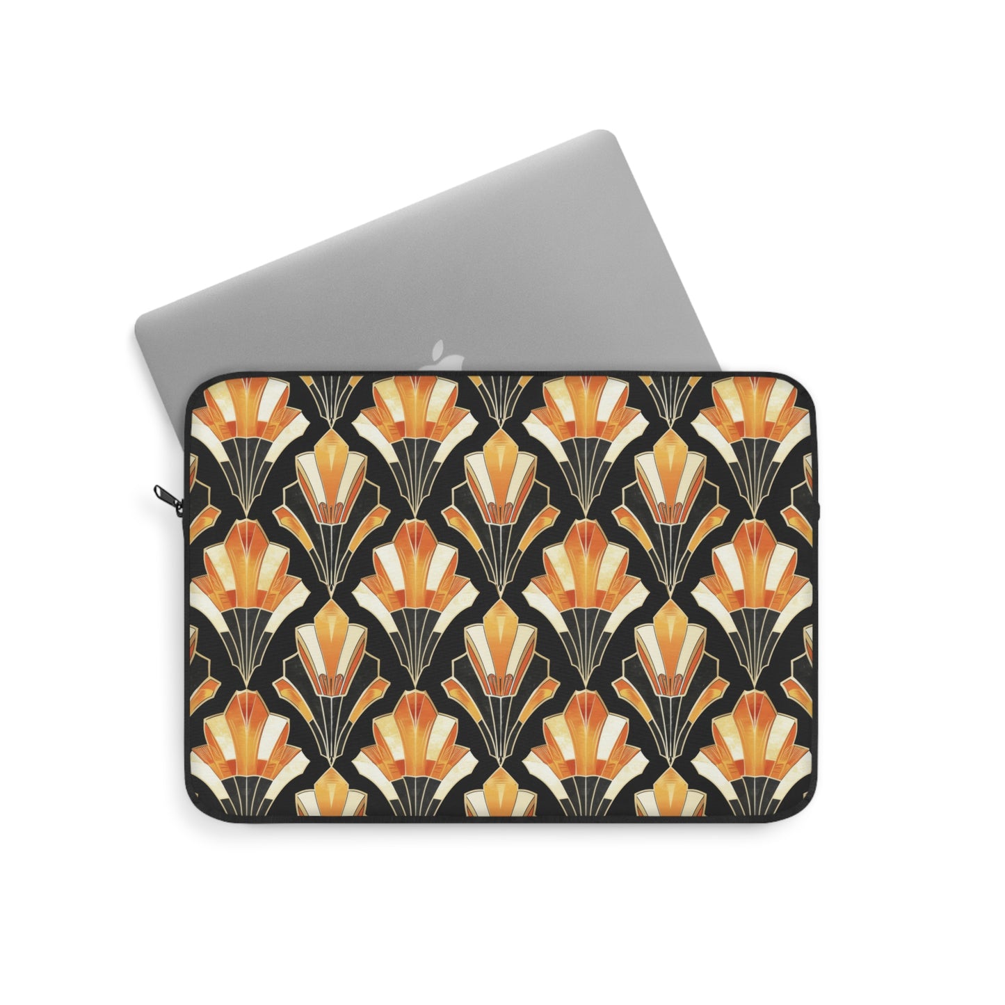 Art Deco Inspired Streamlined Geometric Florals in Orange and Black Laptop or Ipad Protective Sleeve 3 Sizes Available