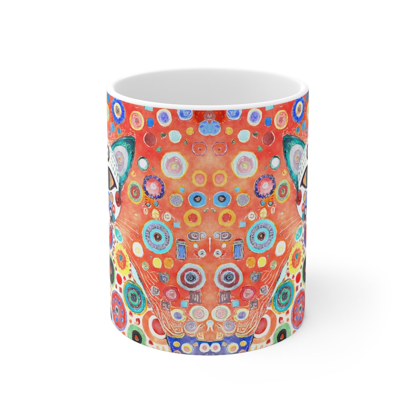 Whimsical Retro Flowers and White Cat in Style of Klimt  - 11 oz Coffee