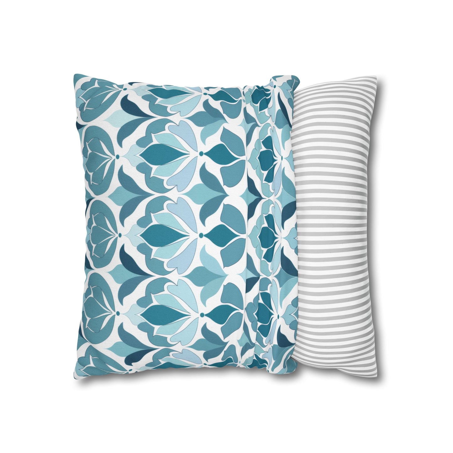 Serene Floral Pattern in Shades of Aqua and Teal, Forming Graceful Botanical Motifs Spun Polyester Square Pillowcase 4 Sizes