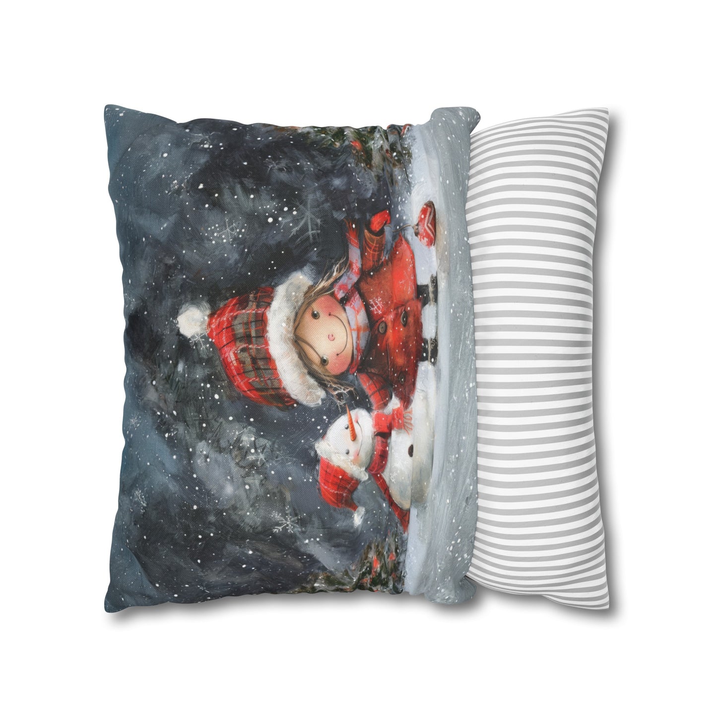 Frosty Friends: Little Girl Standing with Snowman on a Snowy Night Spun Polyester Square Pillowcase 4 Sizes