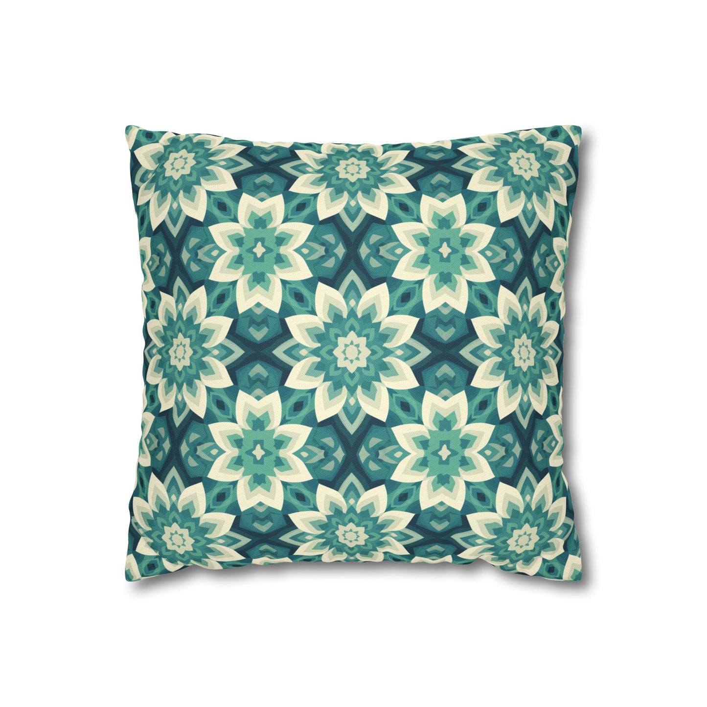 Intricate Aqua and Teal Mandala Floral Pattern Spun Polyester Square Pillowcase 4 Sizes