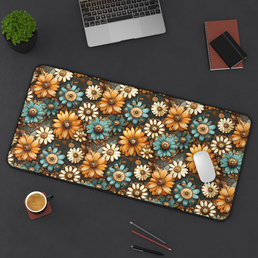 Victorian Steampunk Cream Gold and Teal Flowers with Gears and Mechanical Elements  - Desk Mat Extended Gaming Mouse Pad 3 Sizes