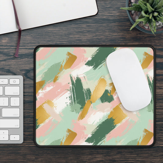 Spring Brushstrokes Abstract in Light Green, Pink, and Gold Mouse Pad with Finished Edges