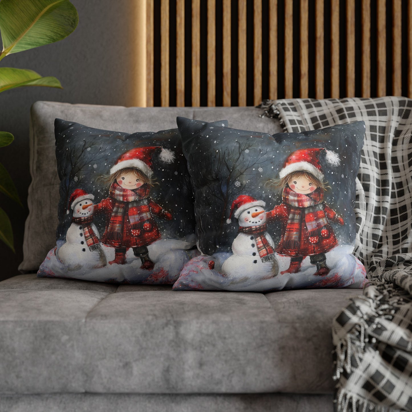 Little Girl and Snowman Sharing Winter's Wonder Spun Polyester Square Pillowcase 4 Sizes