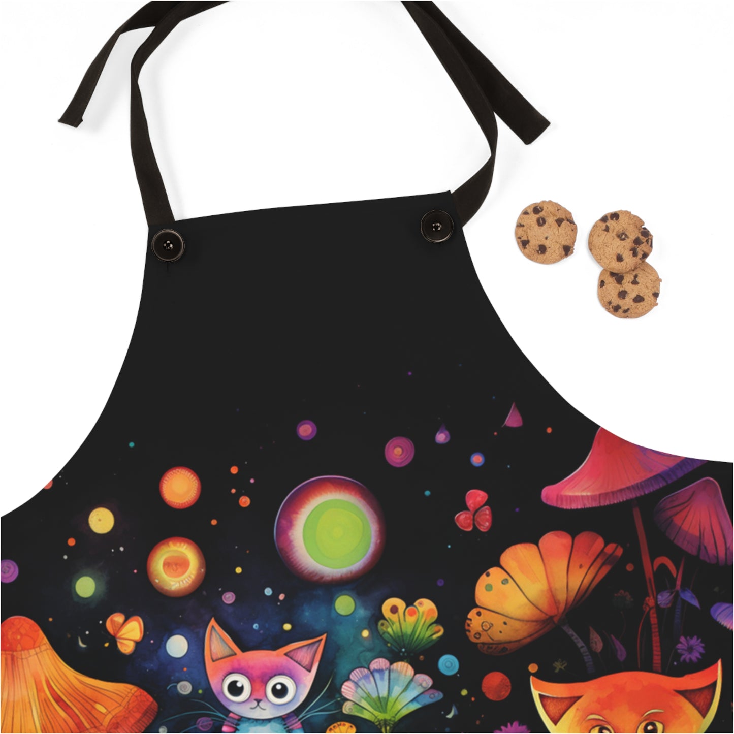 Mystical Cats Amidst a Garden of Flowers and Mushrooms, Beneath a Starry Sky- Kitchen Chef Apron