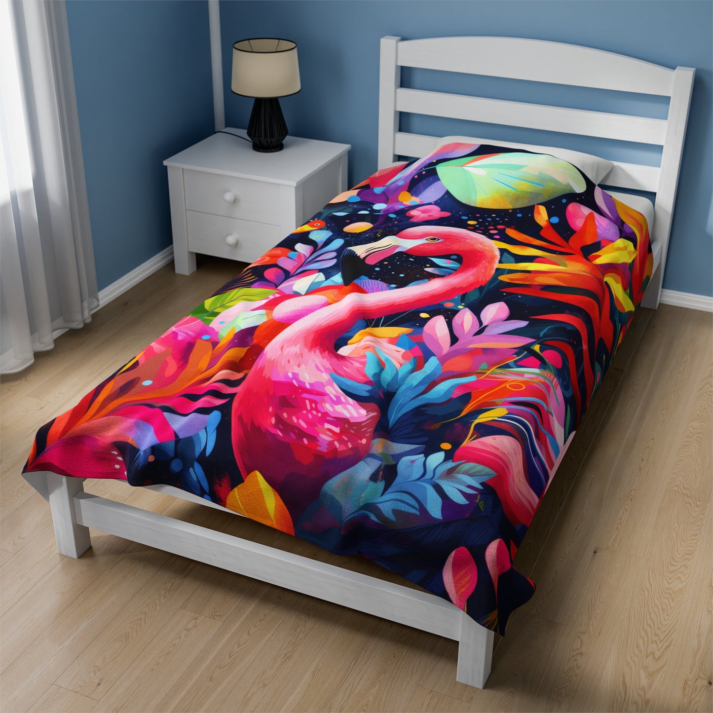 Vibrant Flamingo in a Jungle of Bold Colors and Leaves Velveteen Plush Blanket 3 Sizes