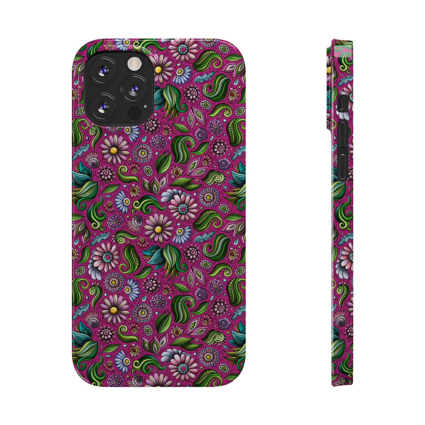 Purple & Pink Daisy Floral Print Hot Pink Background Iphone 15-12 Slim Phone Case