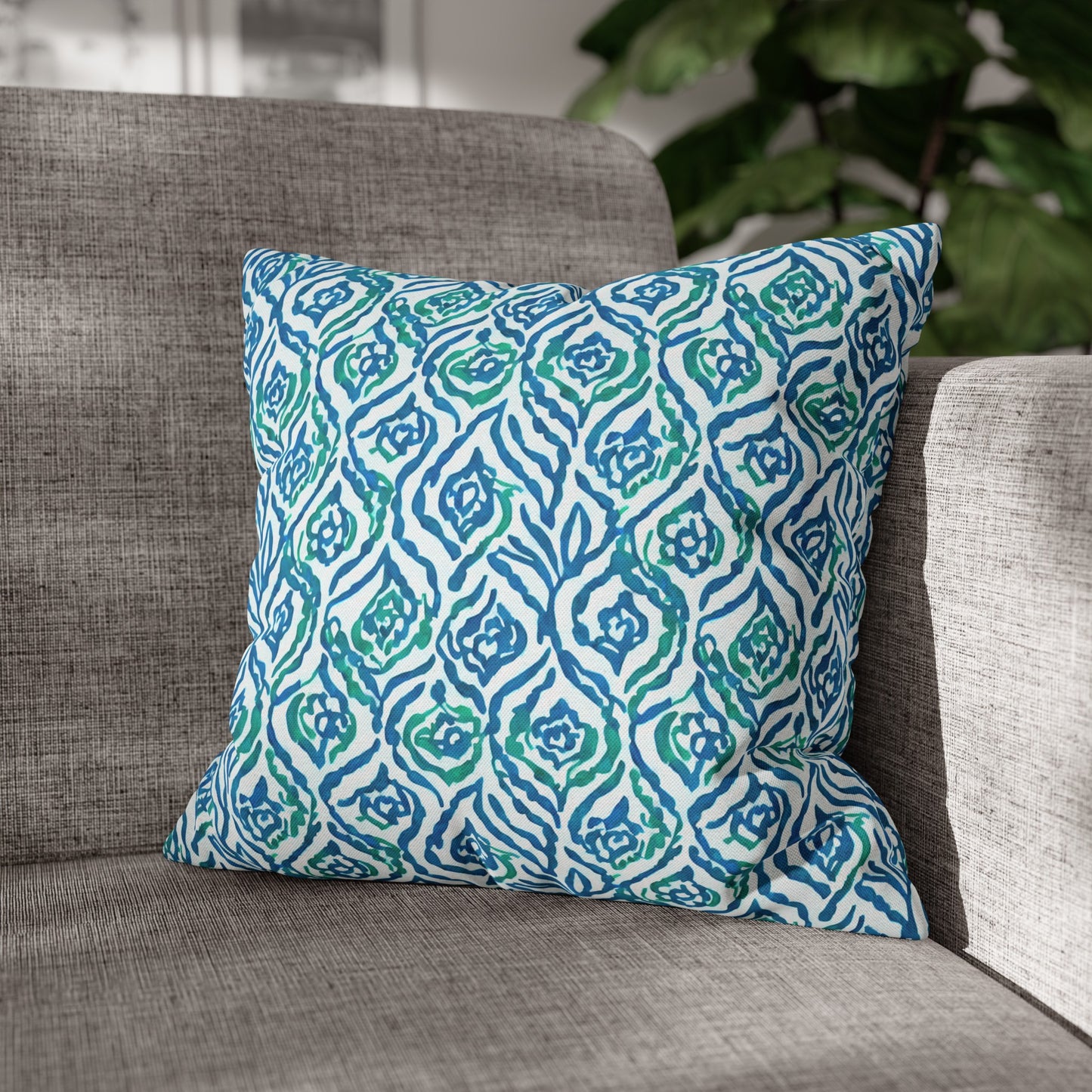 Cool Breeze Elegance: Abstract Damask Pattern in Green and Blue Spun Polyester Square Pillowcase 4 Sizes