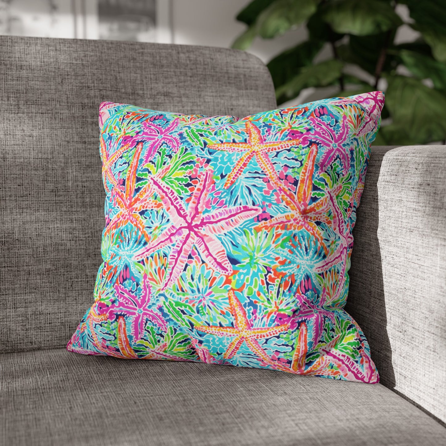 Oceanic Opulence: Vibrant Watercolor Starfish in a Sea of Color Spun Polyester Square Pillowcase 4 Sizes