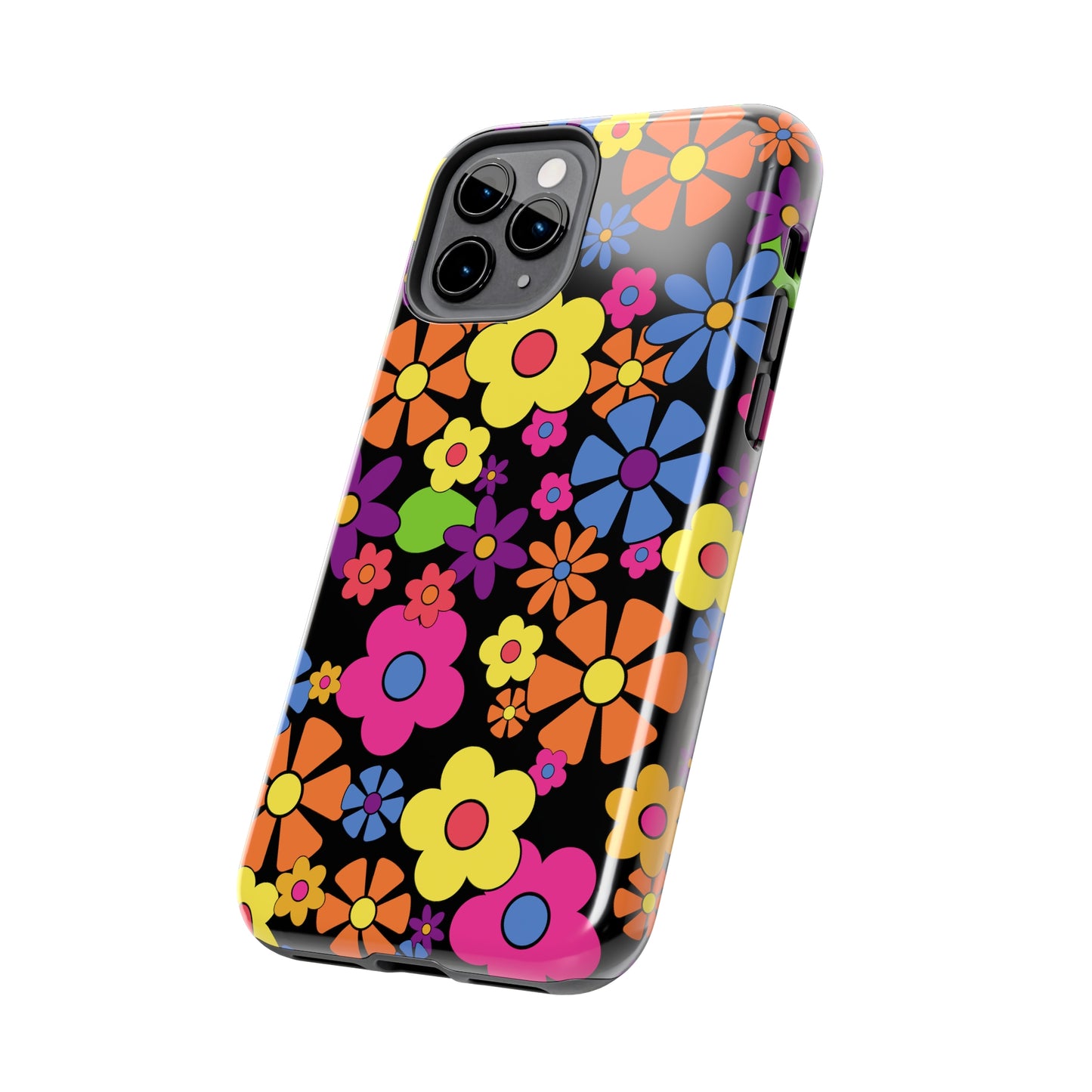 Flower Power Design on Black Background Iphone Tough Phone Case