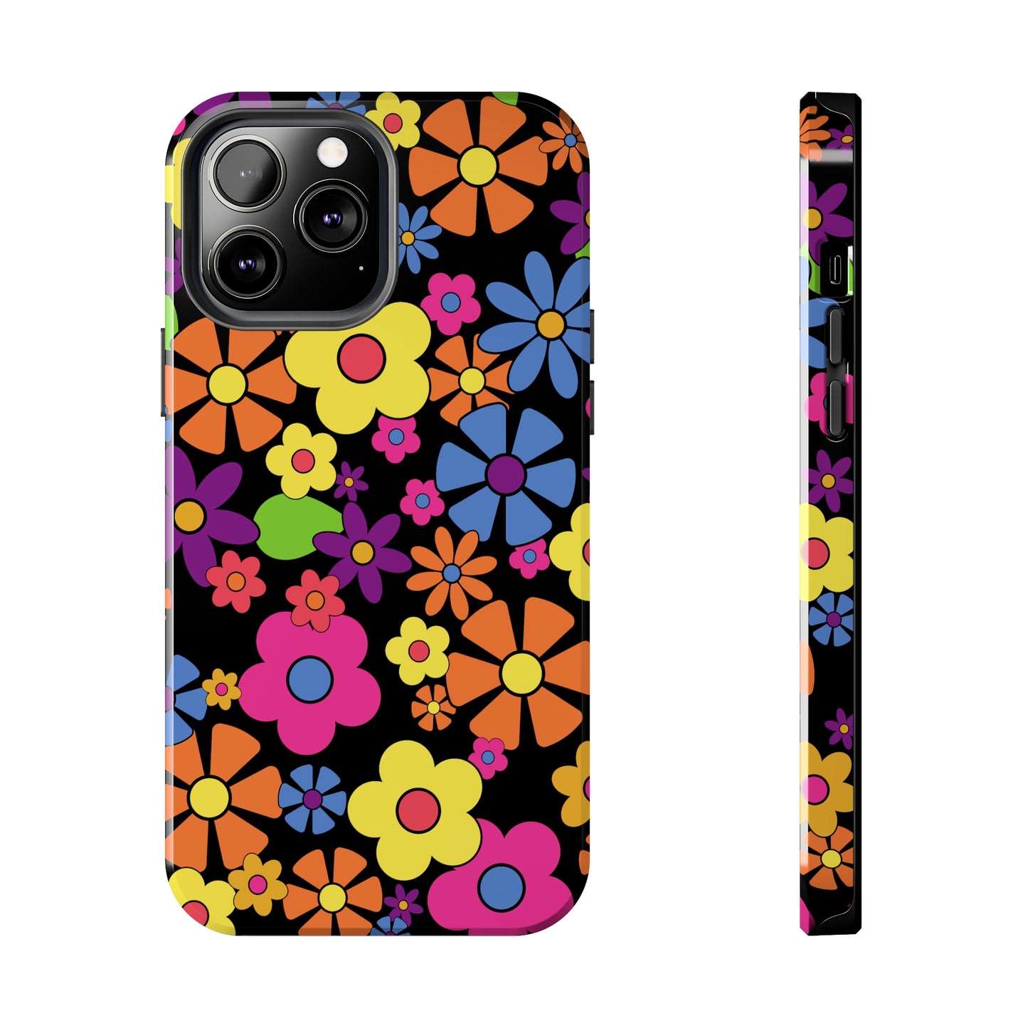 Flower Power Design on Black Background Iphone Tough Phone Case