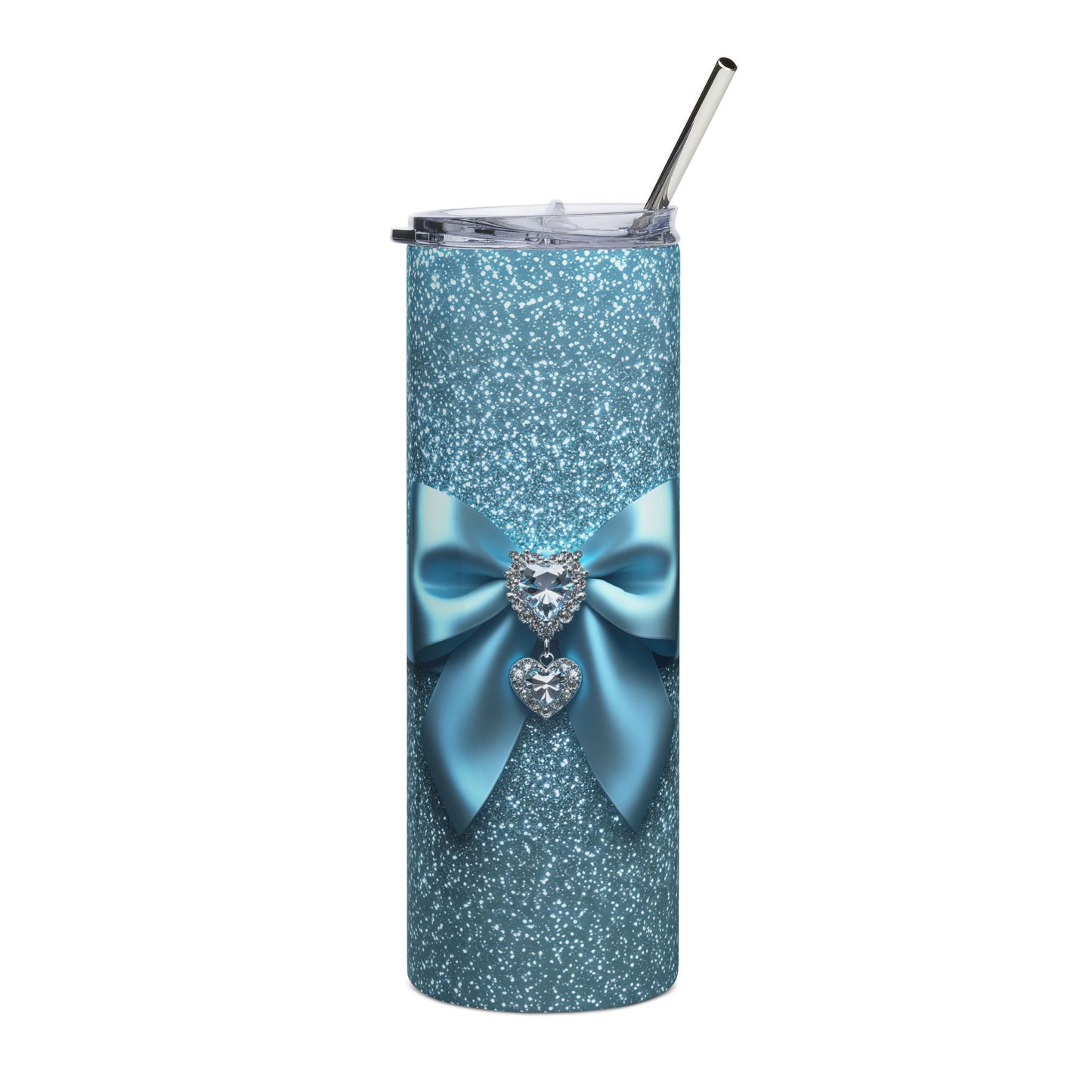 Bling Sparkle Coquette Bow and Jewels Glam Blue Teal Seamless Design 20 oz Skinny Tumbler