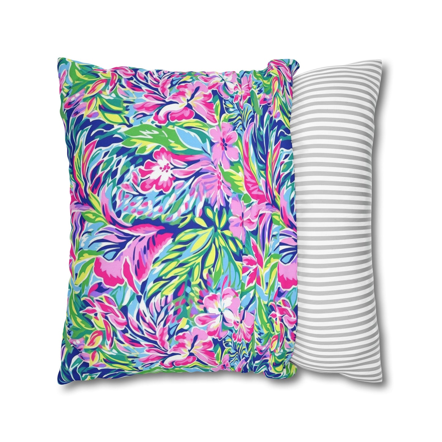 Tropical Serenity: Pink, Green, and Blue Watercolor Floral Delight Spun Polyester Square Pillowcase 4 Sizes