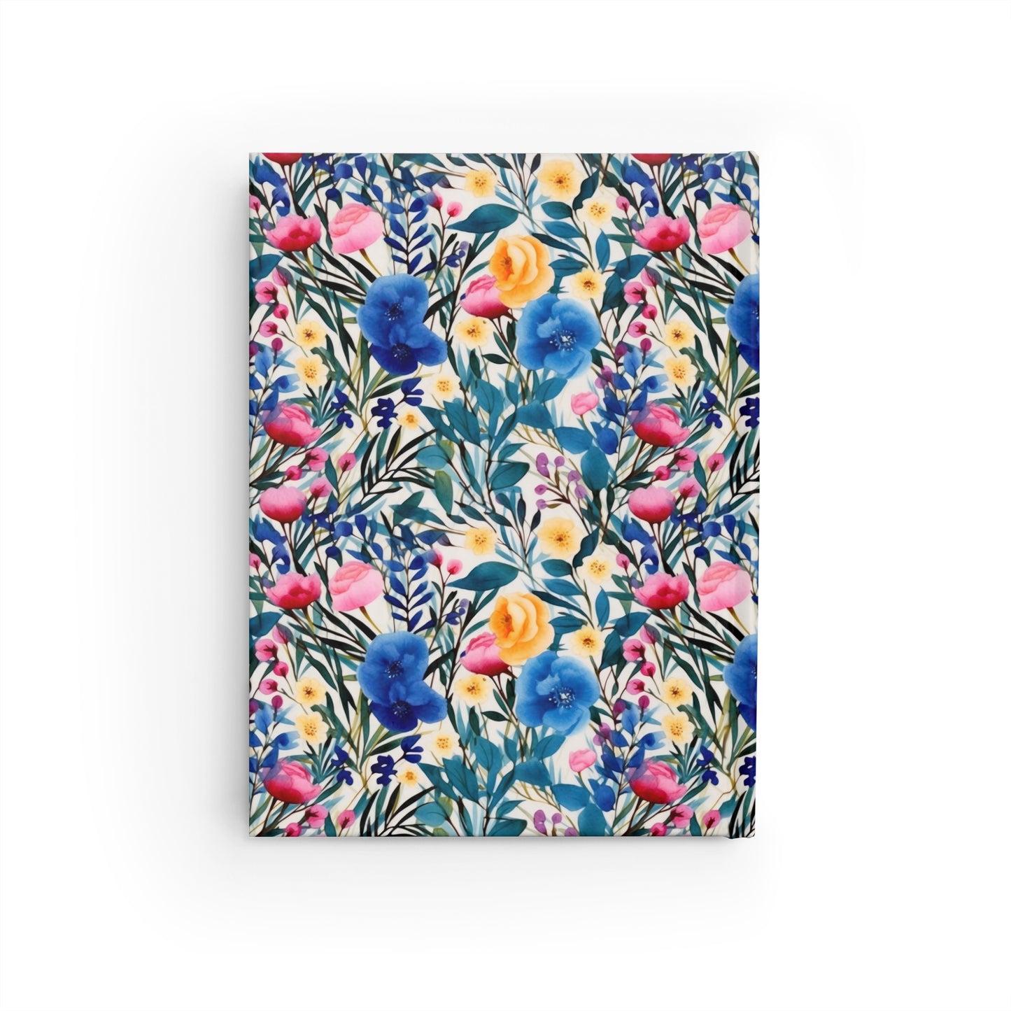 Blooming Brilliance: Large Watercolor Floral Design in Blue, Yellow, and Pink - Hardcover Ruled Line Journal 5" x 7"