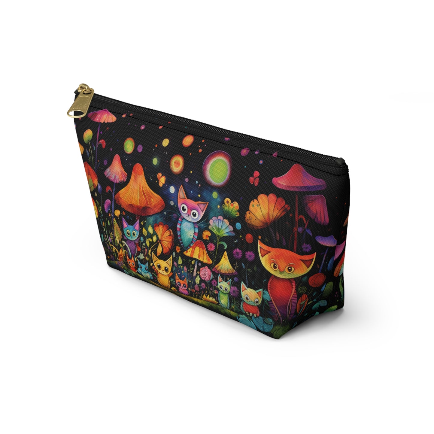 Mystical Cats Amidst a Garden of Flowers and Mushrooms, Beneath a Starry Sky - Makeup & Accessory Bag 2 Sizes