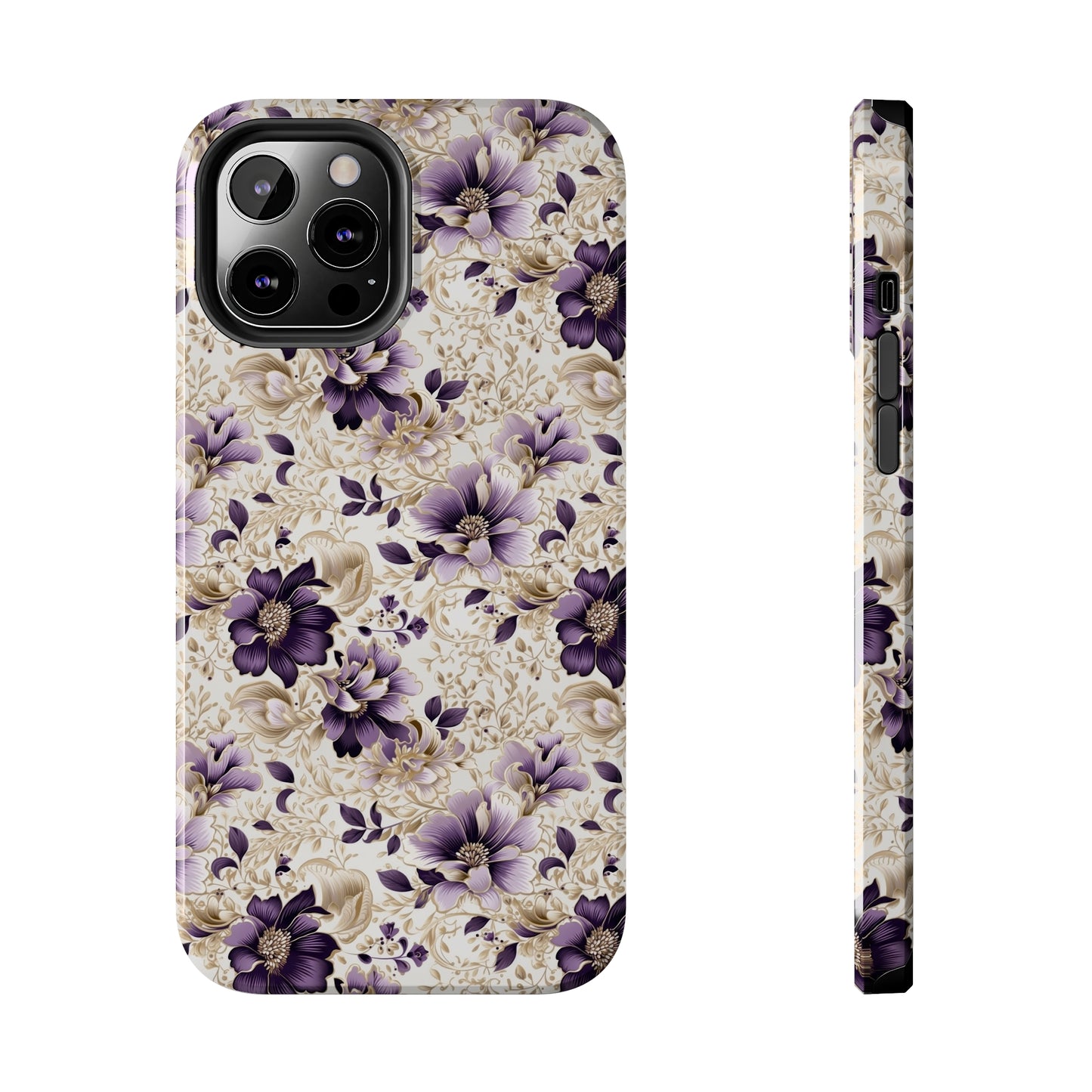 Purple Majesty: Watercolor Floral Design with Gold Foliage Accents Iphone Tough Phone Case