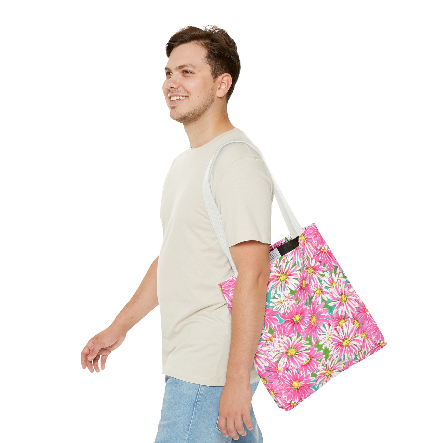 Springs Whisper: Watercolor Pink Daisies Dancing on a Lush Green Stage Canvas Tote Bag 3 Sizes