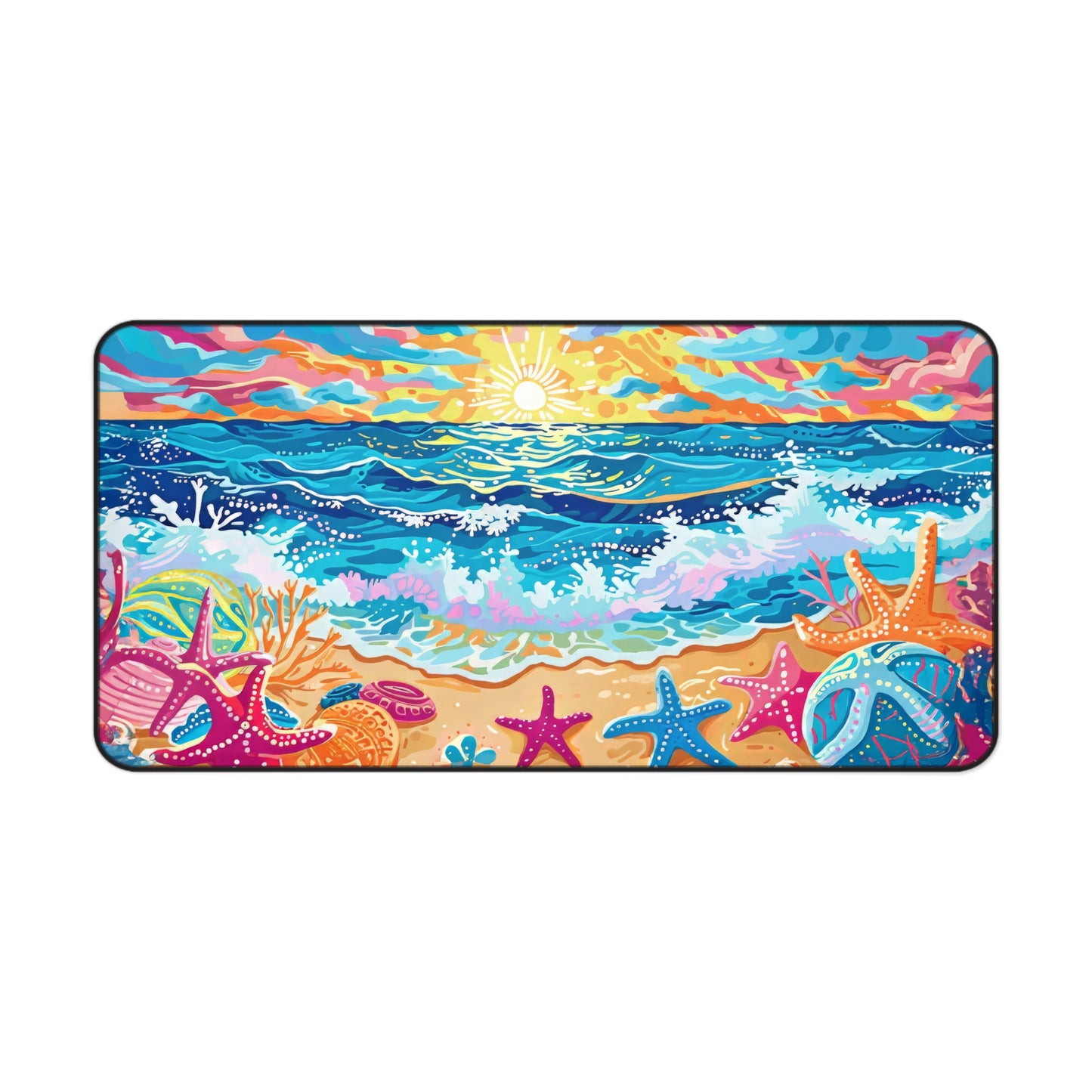 Vibrant Seaside Morning Layers of Energetic Waves, a Radiant Sun, and Colorful Seashells Extended Gaming Mouse Pad  Desk Mat  - 3 Sizes