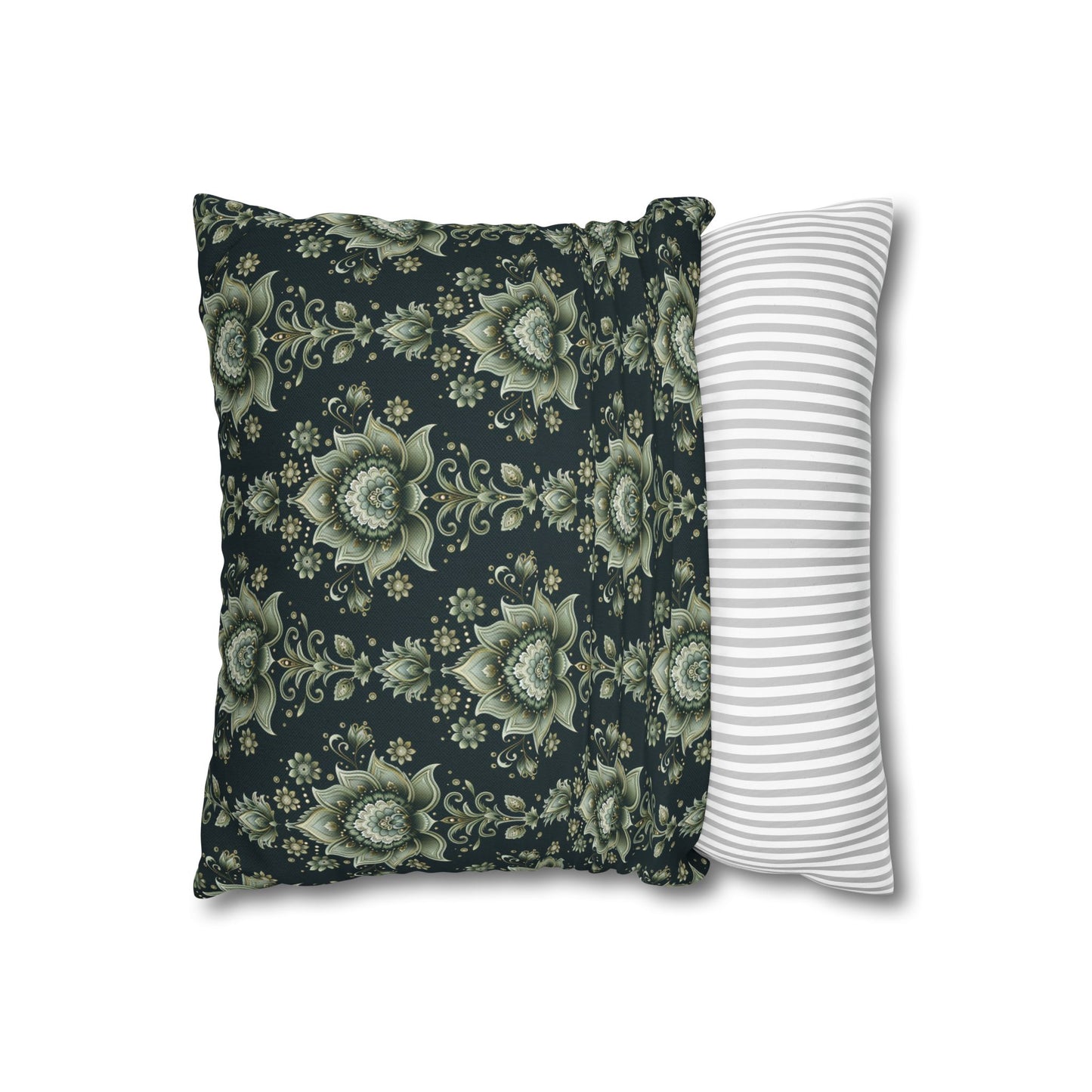 Ornate Green Mandala with Golden Accents on Dark Background Polyester Square Pillowcase 4 Sizes