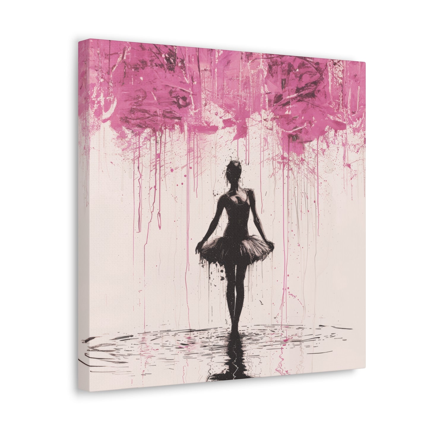 Dreamlike Reverie: Ballerina Dancing Amidst Pink Clouds and Gentle Rain Print on Canvas Gallery - 13 Sizes