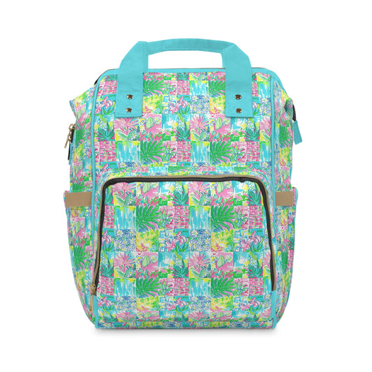 Whimsical Palm Trees and Flowers in Vibrant Pink, Teal, and Green Collage Multifunctional Diaper Backpack