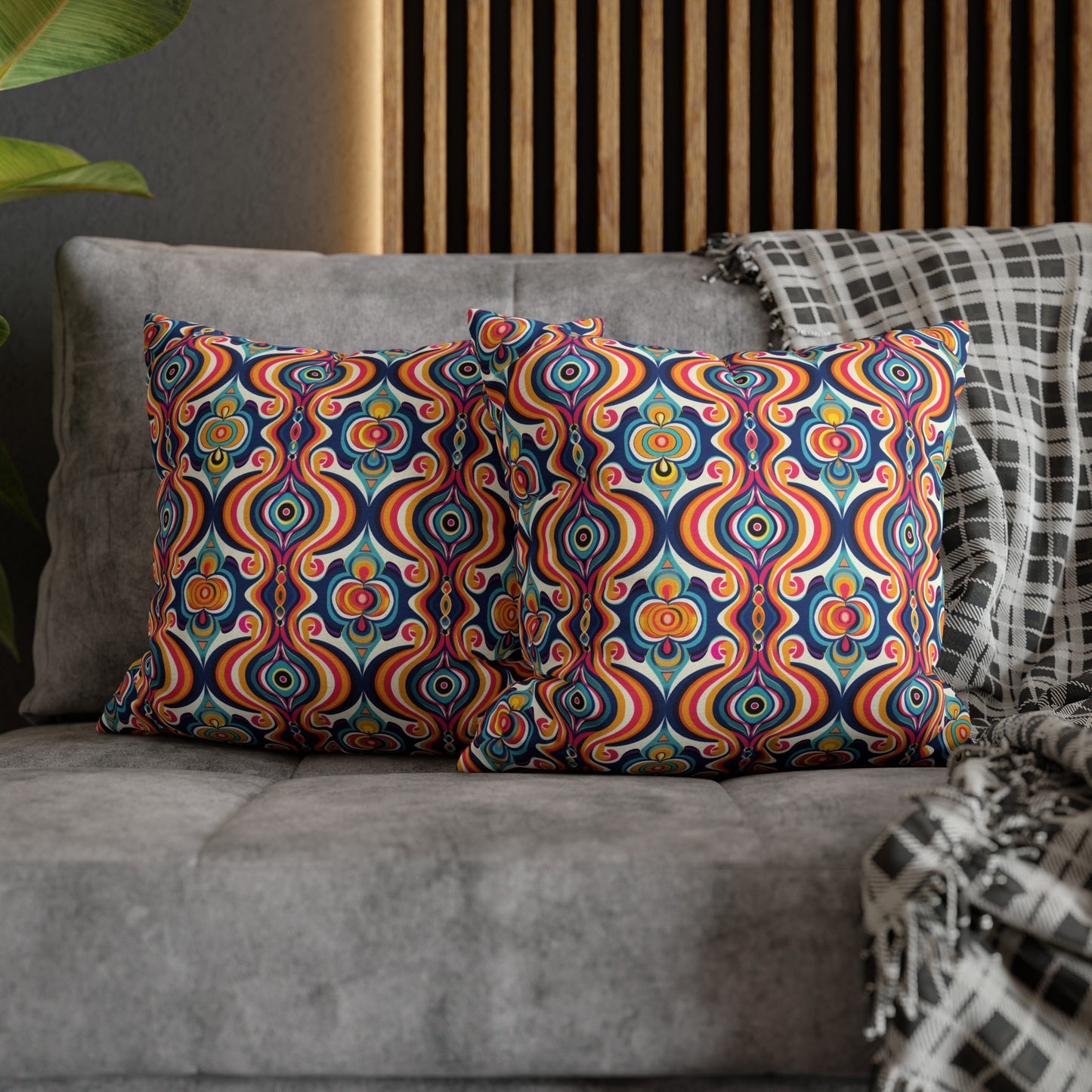 Vibrant Retro Waves with Colorful Geometric Pattern Spun Polyester Square Pillowcase 3 Sizes