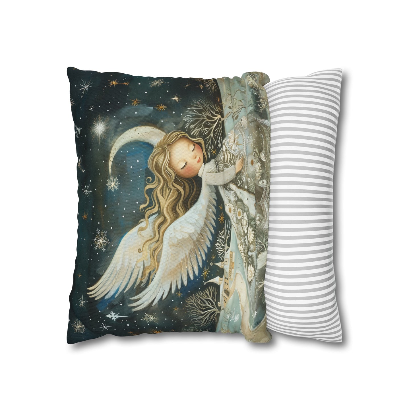 Guardian of Bloom: Young Angel in Floral Dress Amidst a Quaint Village Spun Polyester Square Pillowcase 4 Sizes