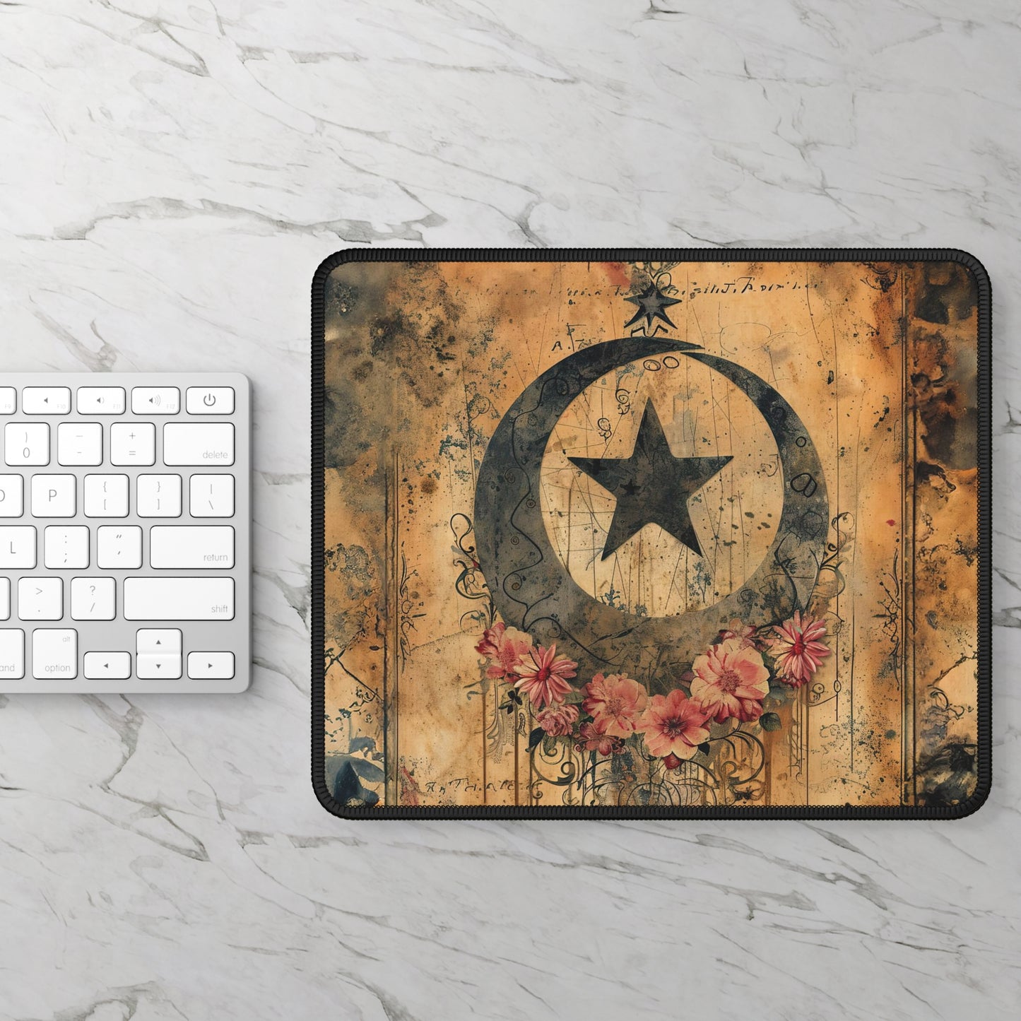 Mystical Vintage Celestial Moon Stars and Flowers Gaming Mouse Pad with Finished Edges