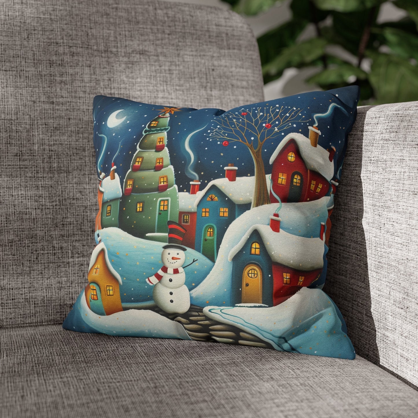 Starry Snowman Serenade: Village under a Starry Night Sky Spun Polyester Square Pillowcase 4 Sizes