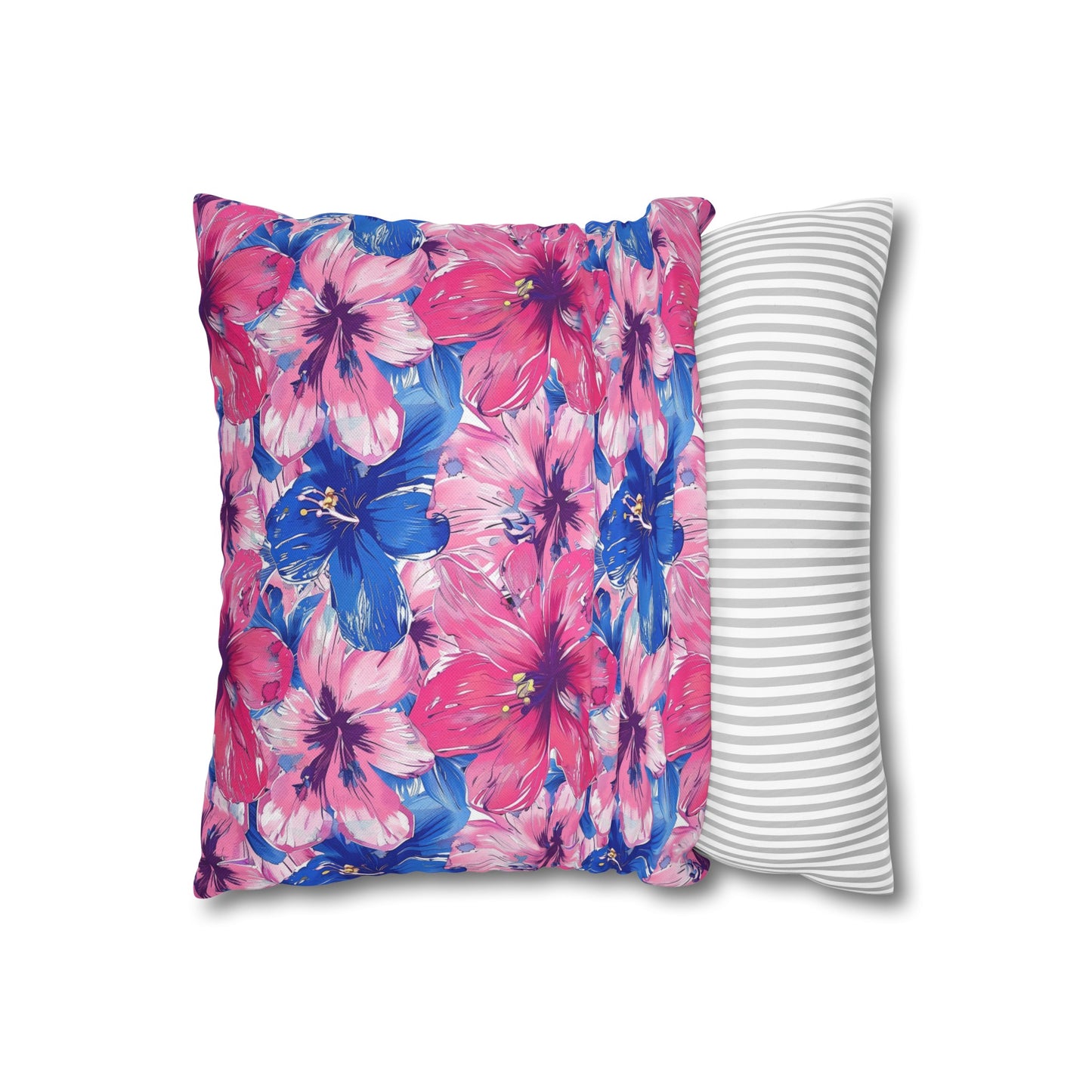 Blooming Bliss: Large Pink and Blue Blossoms in Full Bloom Spun Polyester Square Pillowcase 4 Sizes