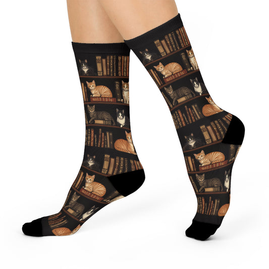 Cozy Bookshelf Cats Cushioned Crew Socks