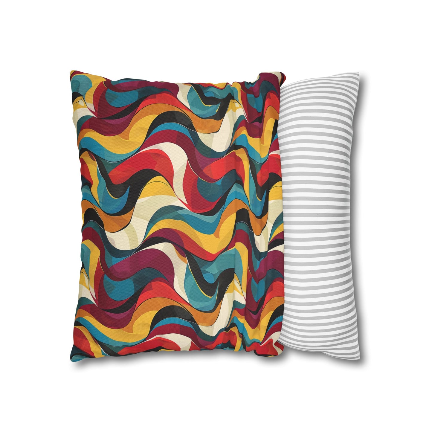 Retro Chic Vintage Blues, Reds and Yellow Waves Spun Polyester Square Pillowcase 4 Sizes