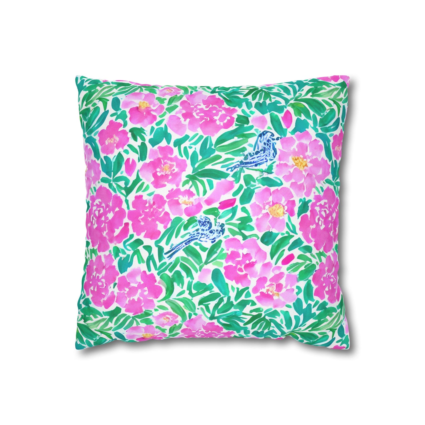 Springtime Whispers: Tiny Birds and Pink Blooms, Subtle Blue Accents, and Lush Green Leaves Spun Polyester Square Pillowcase 4 Sizes