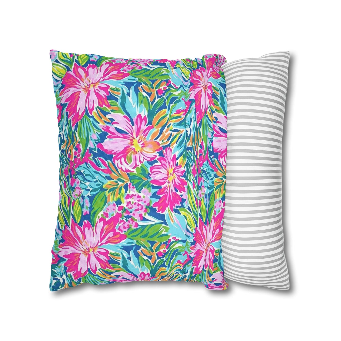 Sunlit Symphony: Large Blooms of Pink, Blue, and Green in Watercolor Spun Polyester Square Pillowcase 4 Sizes