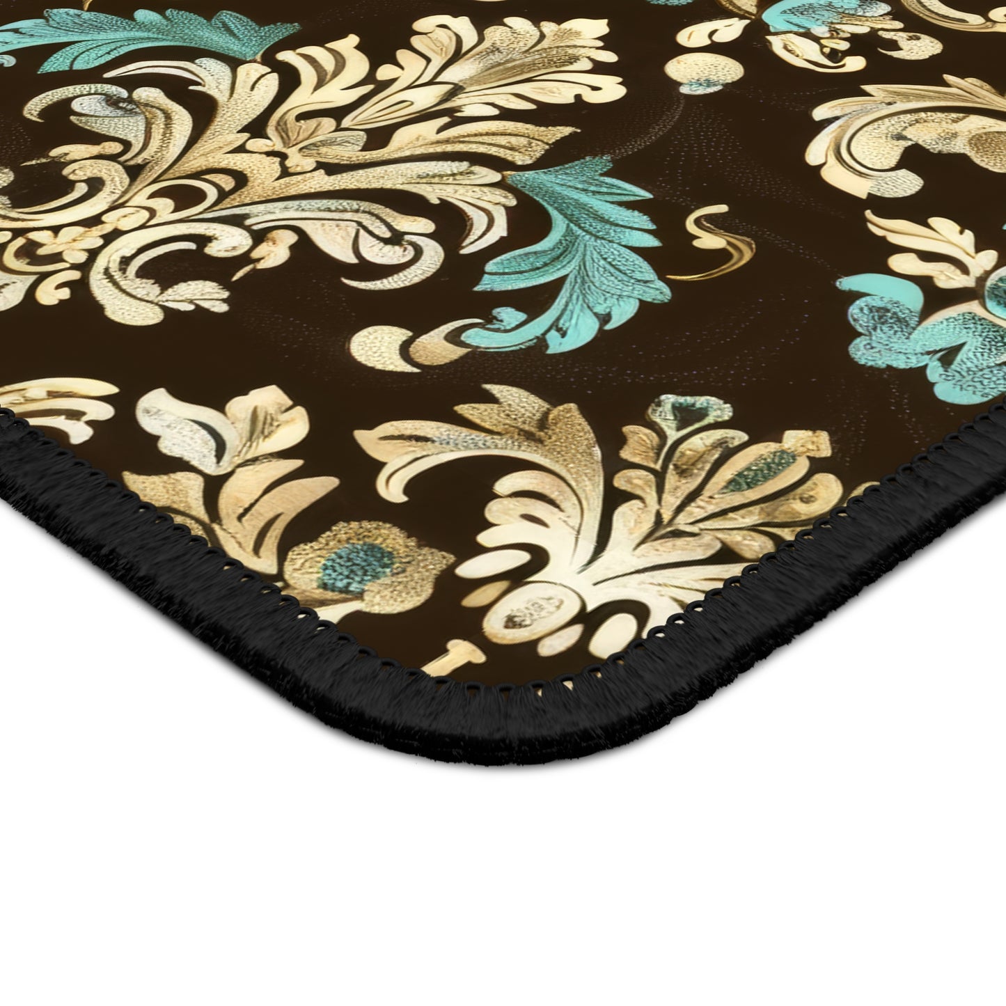 Luxurious Rococo Pattern of Ornate Brown and Teal Floral Scroll Design Gaming Mouse Pad with Finished Edges