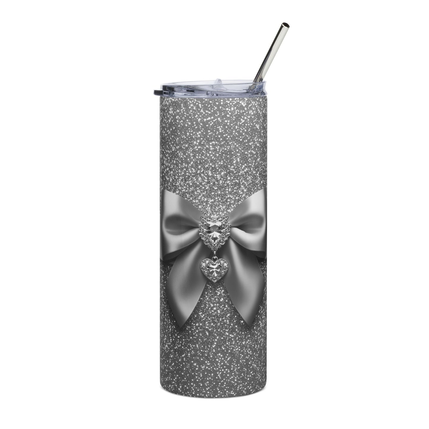 Bling Sparkle Coquette Bow and Jewels Glam Silver Seamless Design 20 oz Skinny Tumbler