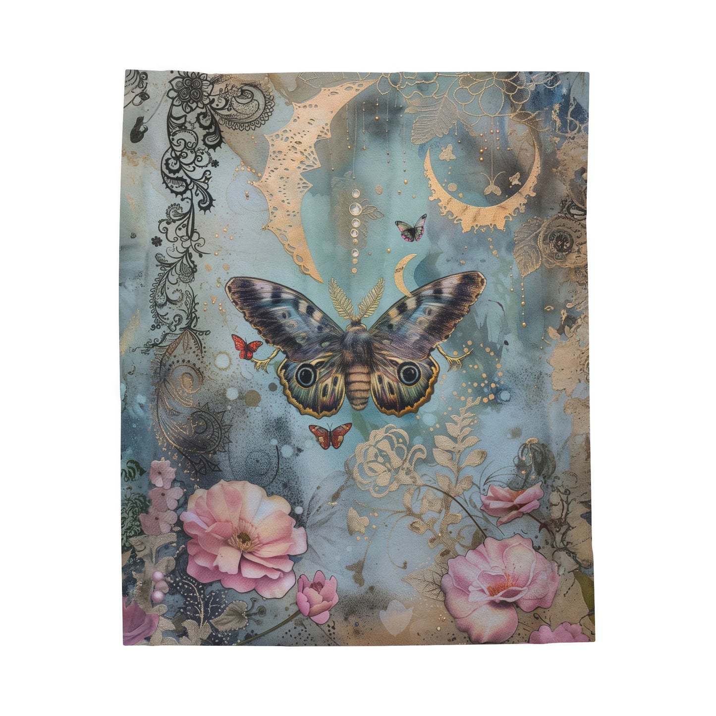 Mystical Butterfly and Pink & Teal Flowers Celestial Crescent Moon Velveteen Plush Blanket 3 Sizes