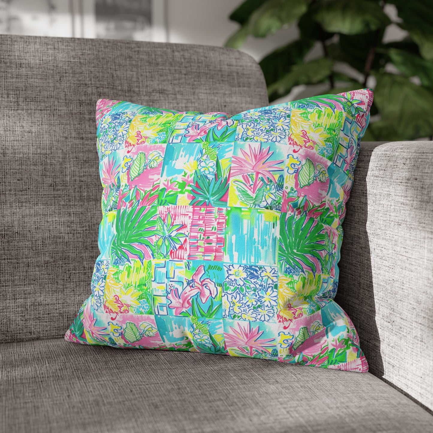 Whimsical Palm Trees and Flowers in Vibrant Pink, Teal, and Green Collage Spun Polyester Square Pillowcase 4 Sizes