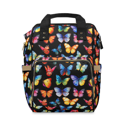 Rainbow Whirl: Butterflies in a Burst of Vibrant Colors on Black Multifunctional Diaper Backpack