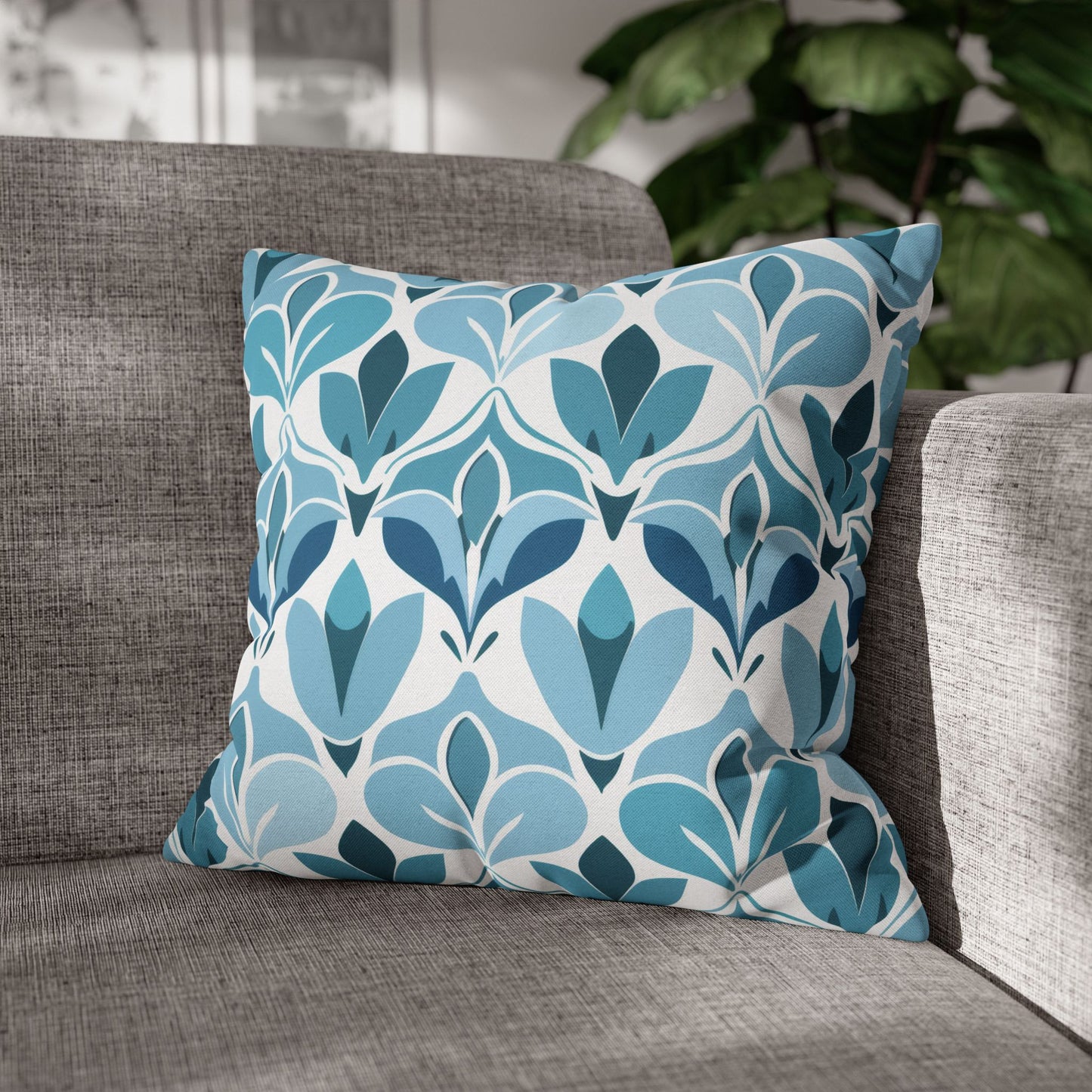 Elegant Floral Pattern in Shades of Aqua and Teal, Forming Graceful Botanical Motifs Spun Polyester Square Pillowcase 4 Sizes