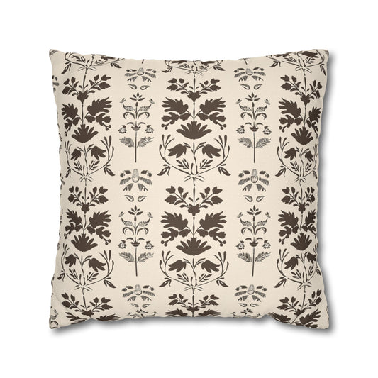 Early American Stencil-Inspired Beige and Brown Floral Pattern Spun Polyester Square Pillowcase 4 Sizes