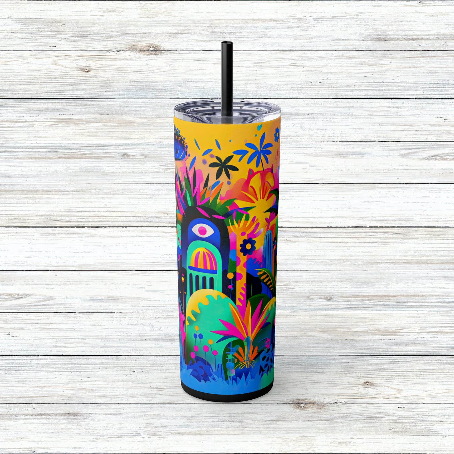 Tropical Neon Jungle Abstract Art Skinny Tumbler with Straw, 20oz