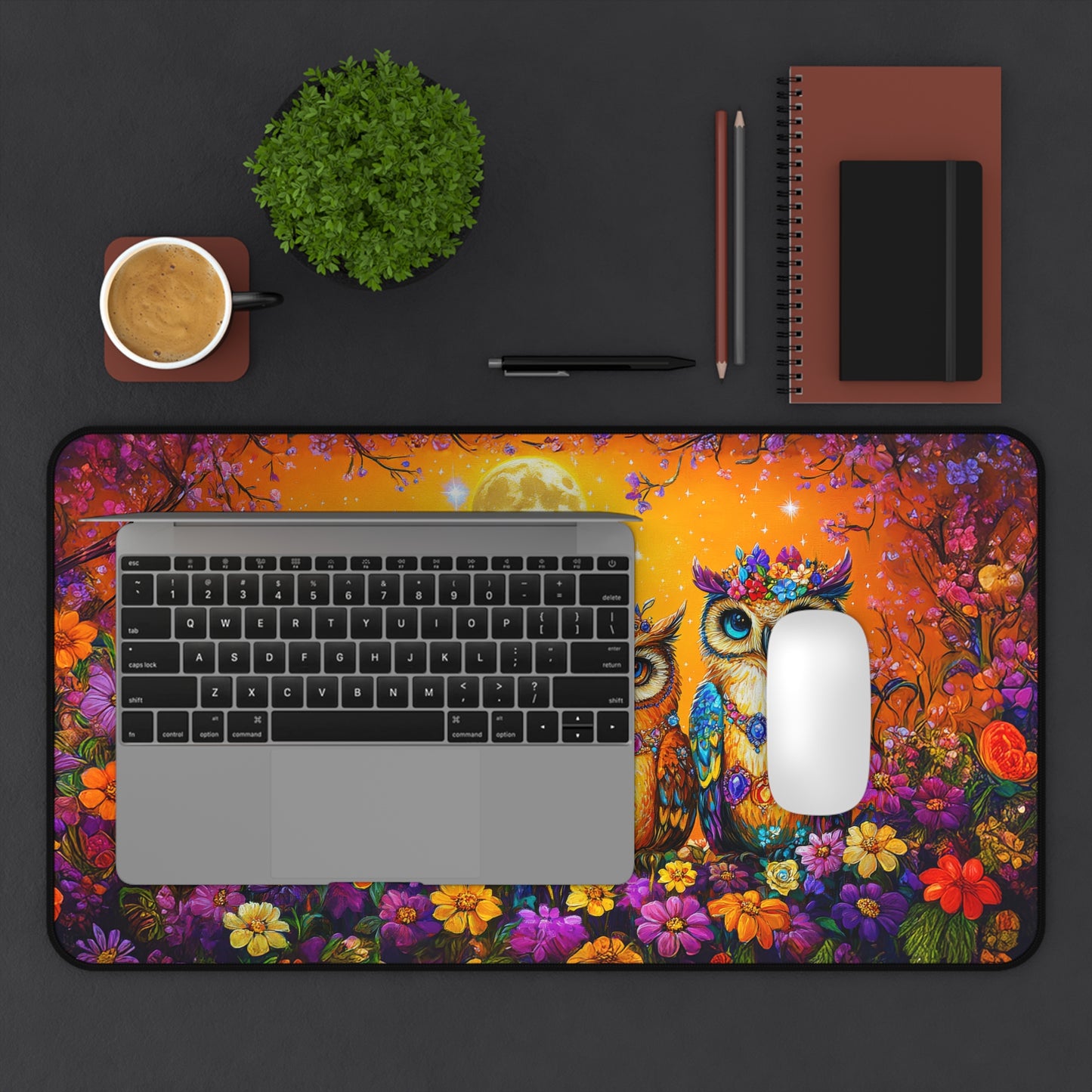 Enchanted Owls Adorned with Floral Crowns Under a Starry Sky Extended Gaming Mouse Pad  Desk Mat  - 3 Sizes