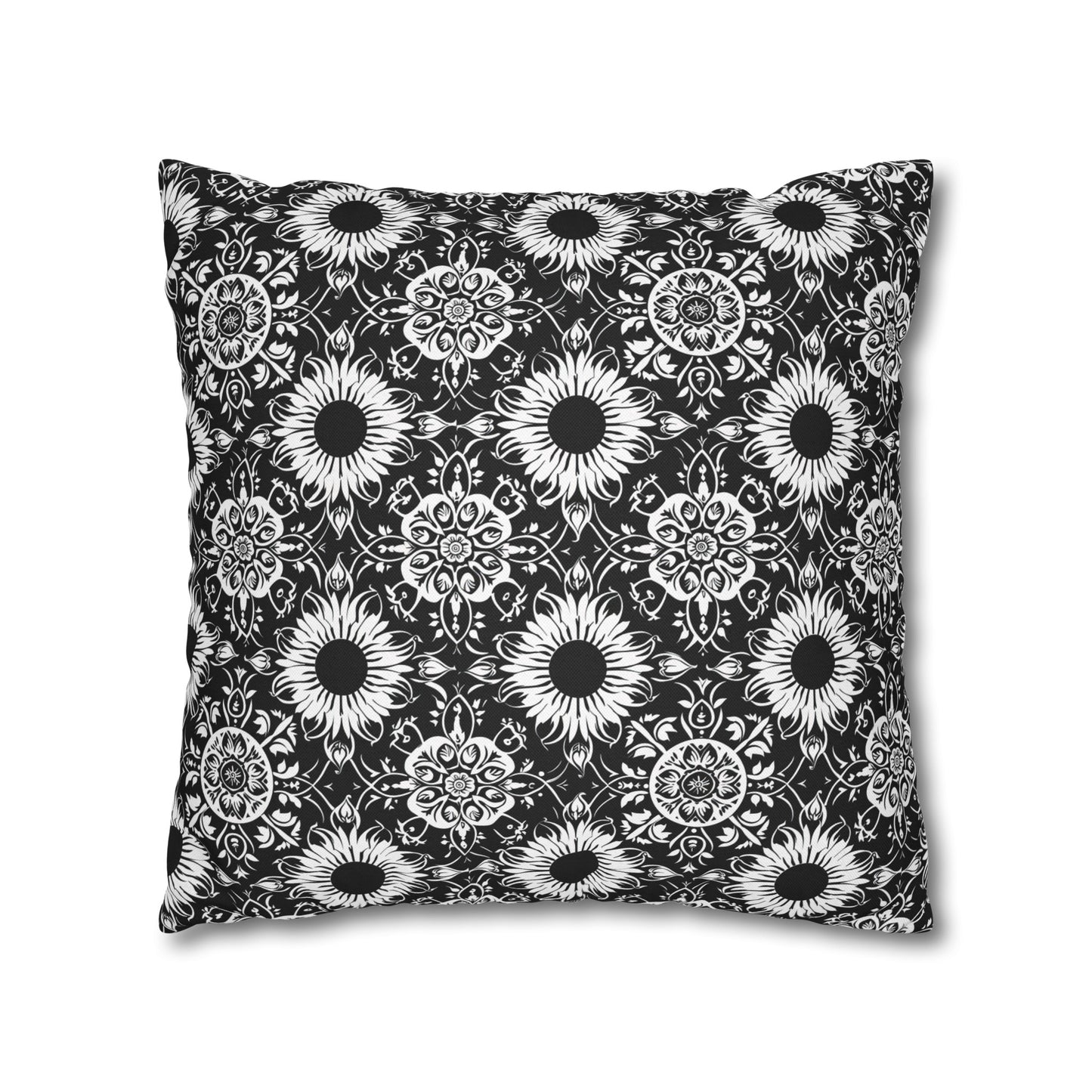 Elegant Mandala Design with Black and White Sunflowers Spun Polyester Square Pillowcase 4 Sizes