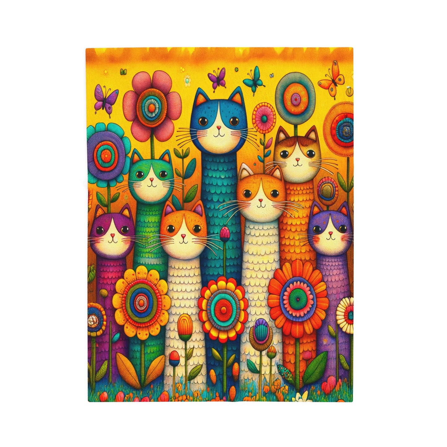 Tall Cats and Flowers Print Velveteen Plush Blanket 3 Sizes