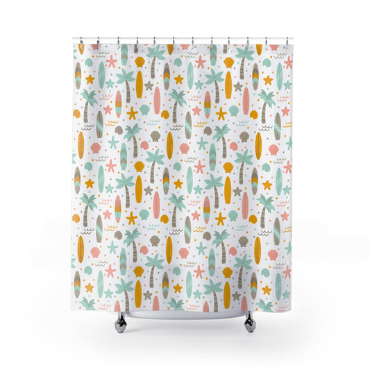 Surfing Boards and Palm Tree Beach Theme Pattern Bathroom Shower Curtain   71" × 74"