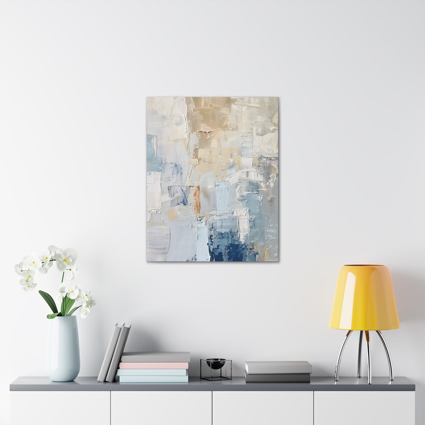 Bold Contrasts Abstract Tan, Grey and Blue Color Blocking with Heavy Strokes Print on Canvas Gallery - 13 Sizes